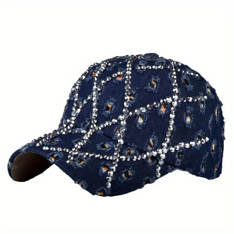 Leopard Rhinestone Denim Baseball Cap with Artificial Diamonds