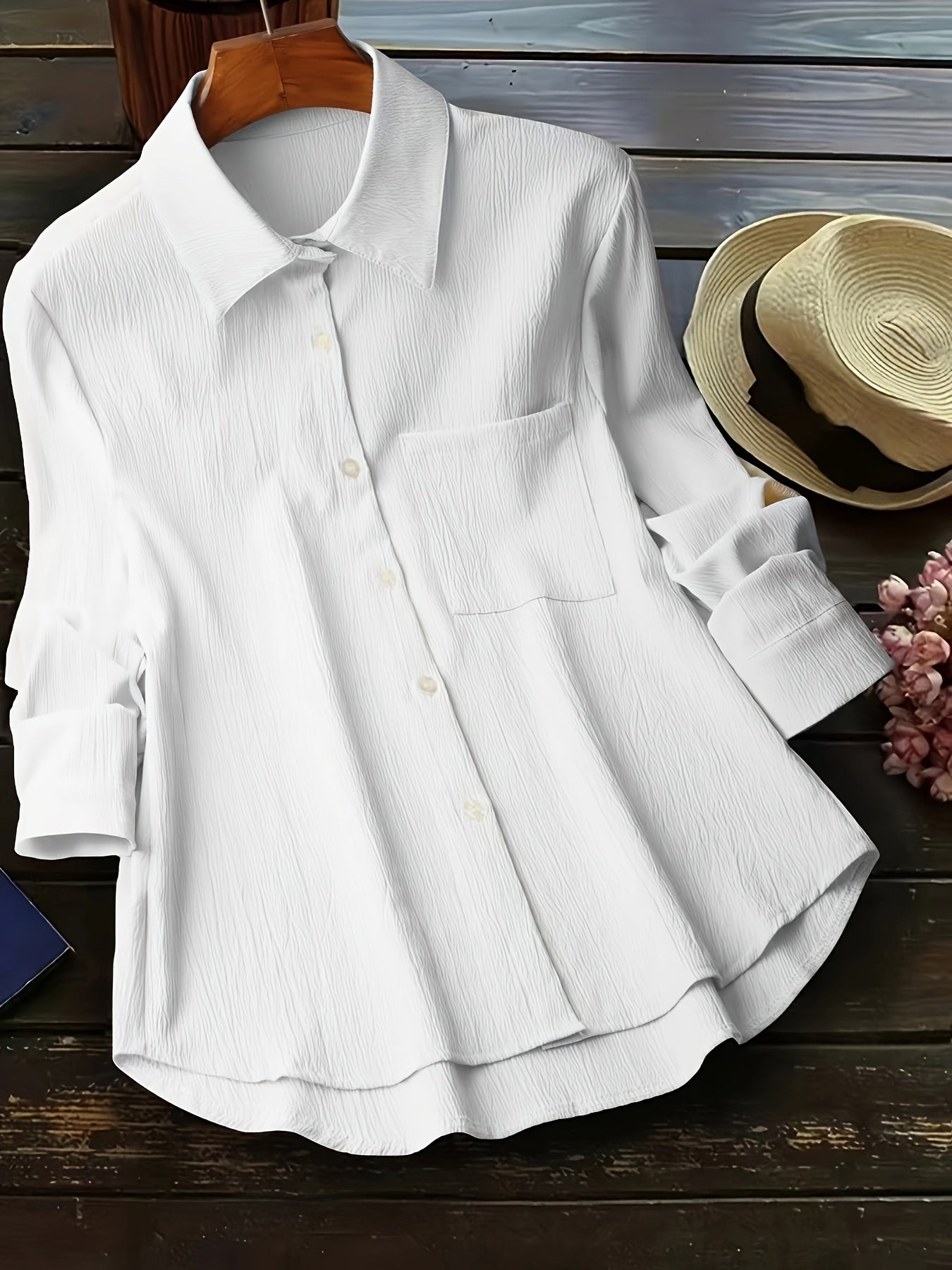  Casual Blouse Women's Solid Crinkle Button Up Long Sleeve Blouse
