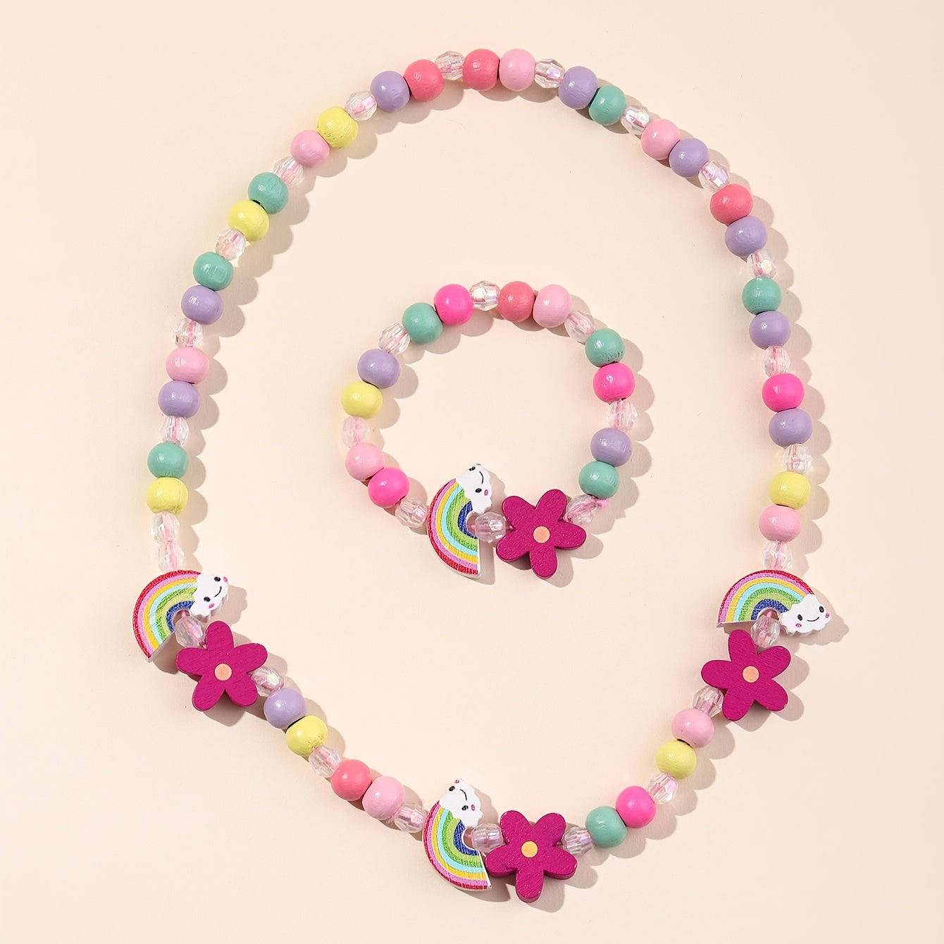 Cartoon Butterfly Flower Rainbow Beaded Necklace Bracelet Set for Girls
