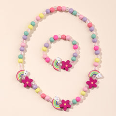 Cartoon Butterfly Flower Rainbow Beaded Necklace Bracelet Set for Girls