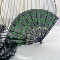 Men's Folding Hand Fan with Peacock Tail Sequin for Stage Prom