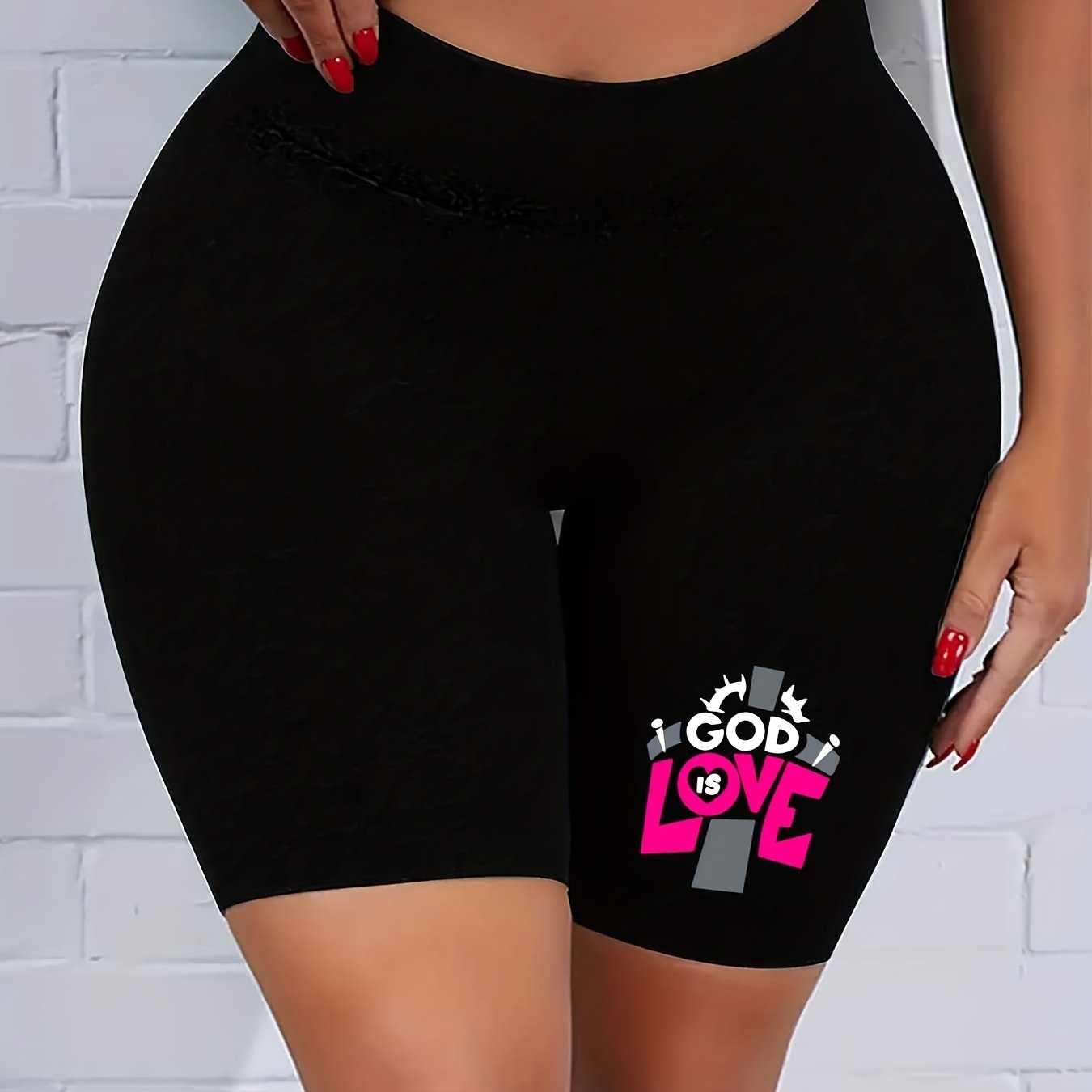  Cross & Letter Print High Rise Biker Shorts