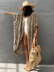 Leopard Print Cover Up Shirt V Neck Half Sleeve Loose Fit