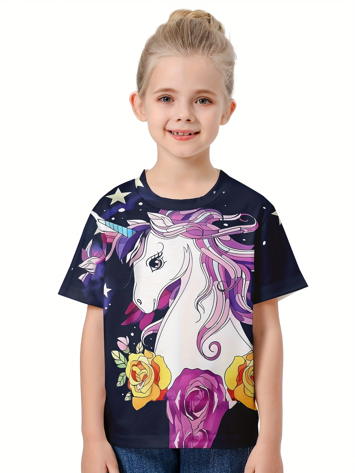 Girls 3D Unicorn Short Sleeve T-shirt - Summer Clothes Gift