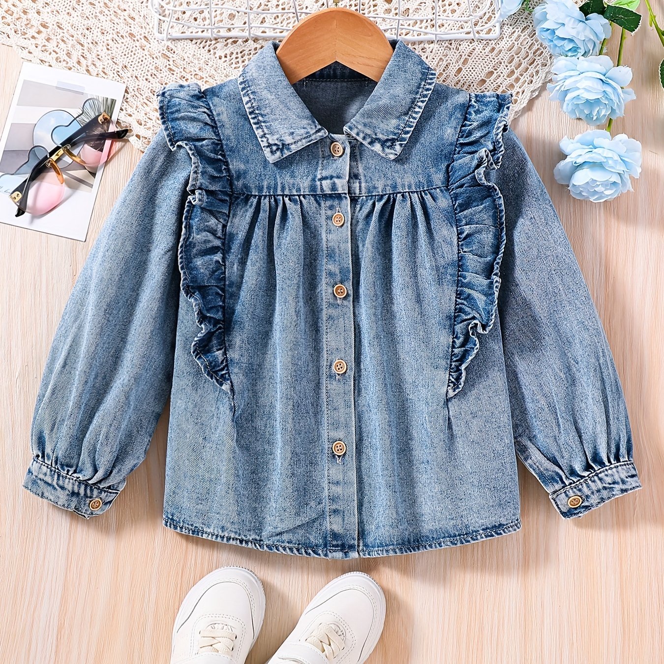 Girls Ruffle Trim Denim Jacket Top for Street Going Out
