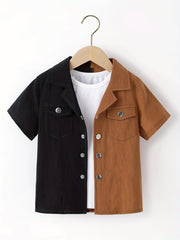 Boys Block Short Sleeves Shirt Preppy Style For Summer Kids Clothes