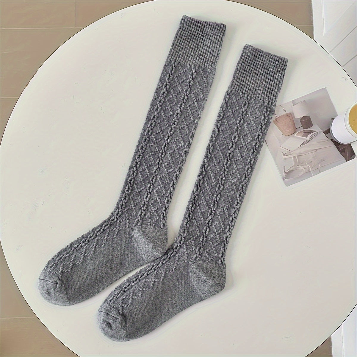 Argyle Textured Calf Socks Knee High Stockings Women's Hosiery