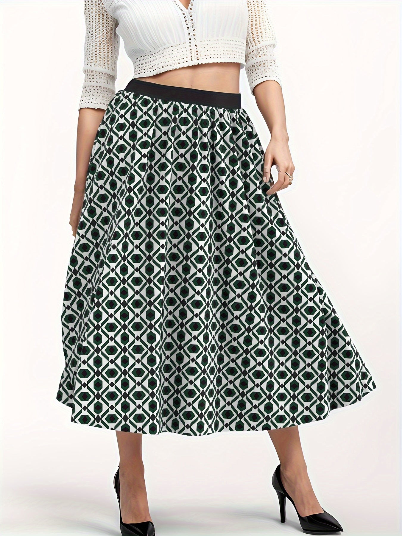  Women's Maxi Skirt Geometric Print High Rise Elastic Waist
