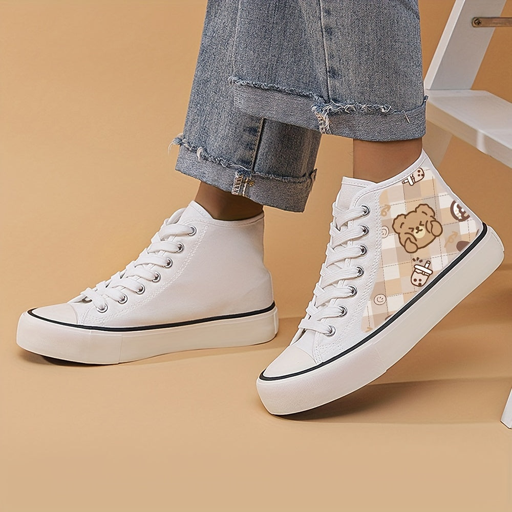 Bear Print High Top Canvas Sneakers Breathable Round Toe Lace Up Skate Shoes