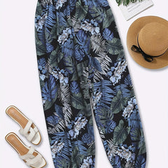 Plant Print Elastic Waist Baggy Pants for Women