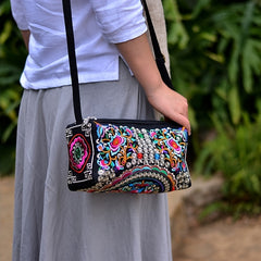 Embroidery Crossbody Bag with Three Zip Shoulder Design