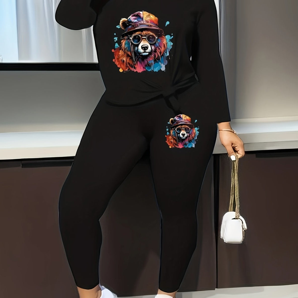 Women's Plus Dog Print Long Sleeve V Neck Top & Leggings Outfits 2 Piece Set