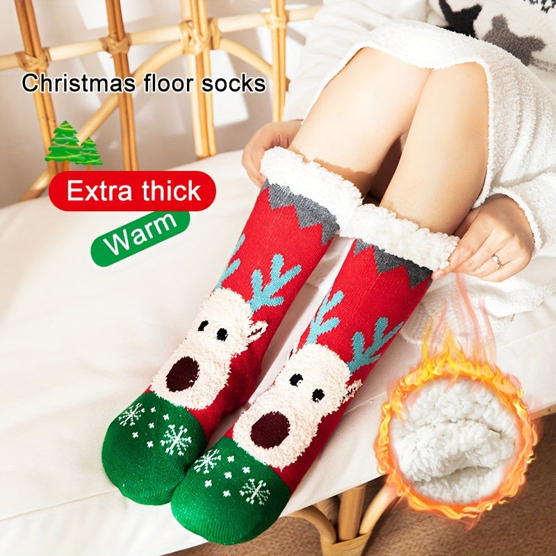 Christmas Elk Pattern Plush Lined Socks Women's Stockings & Hosiery