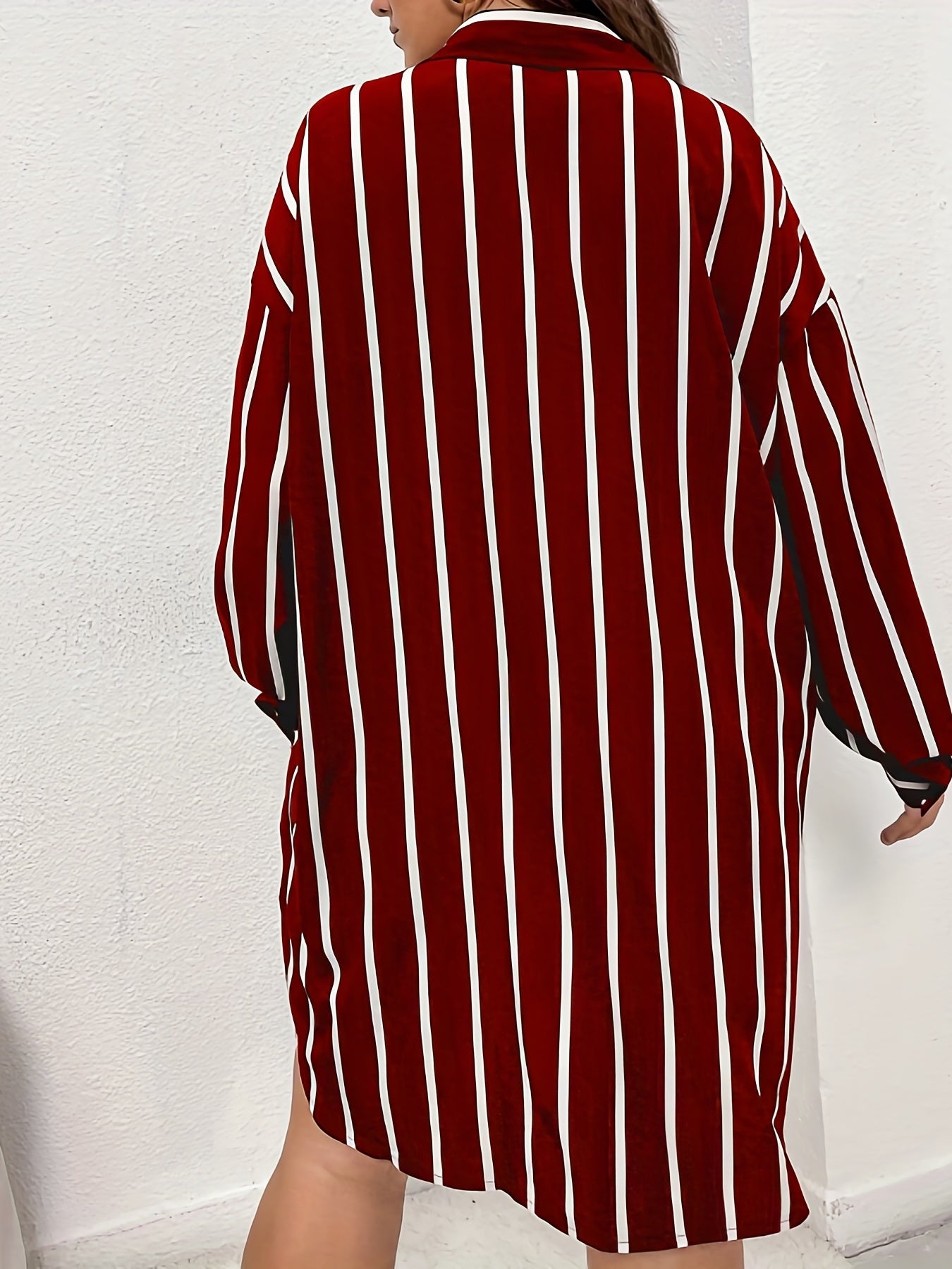  Stripe Print Button Up Long Sleeve Shirt Dress