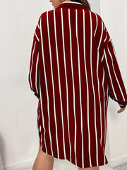  Stripe Print Button Up Long Sleeve Shirt Dress