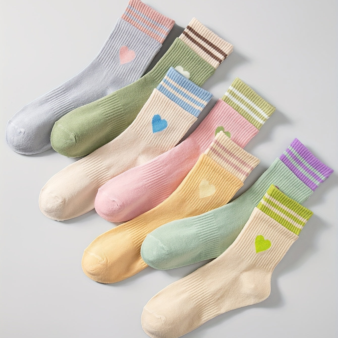 7 Pairs Heart Print Striped Socks Women's Mid Tube Stockings