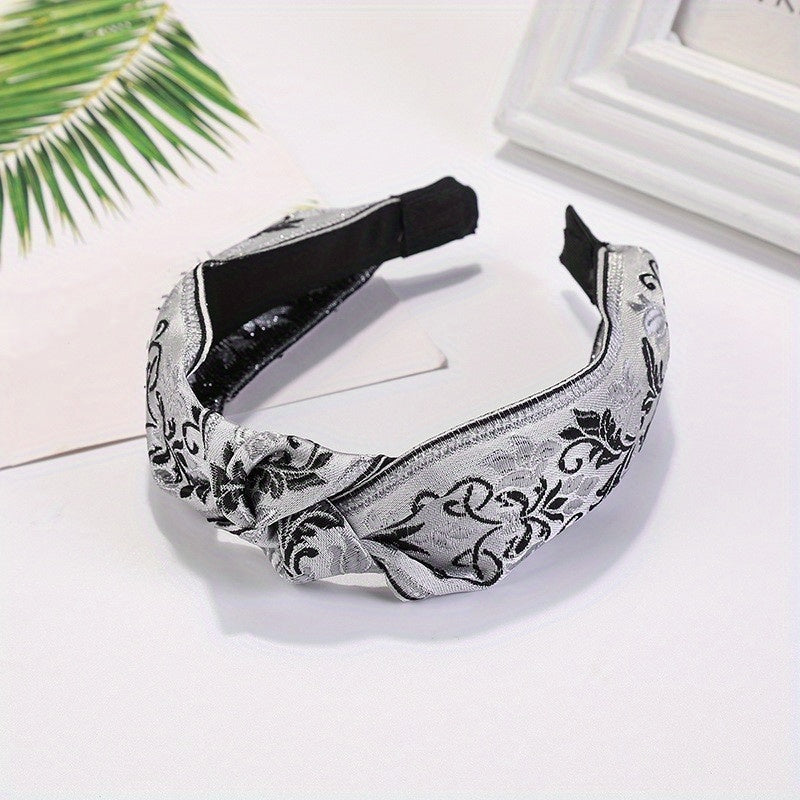 Embroidered Knot Decor Hair Hoop Wide Hair Band Floral Pattern Headband