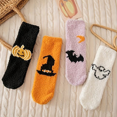 5 Pairs Cute Cartoon Print & Fuzzy Warm Halloween Socks