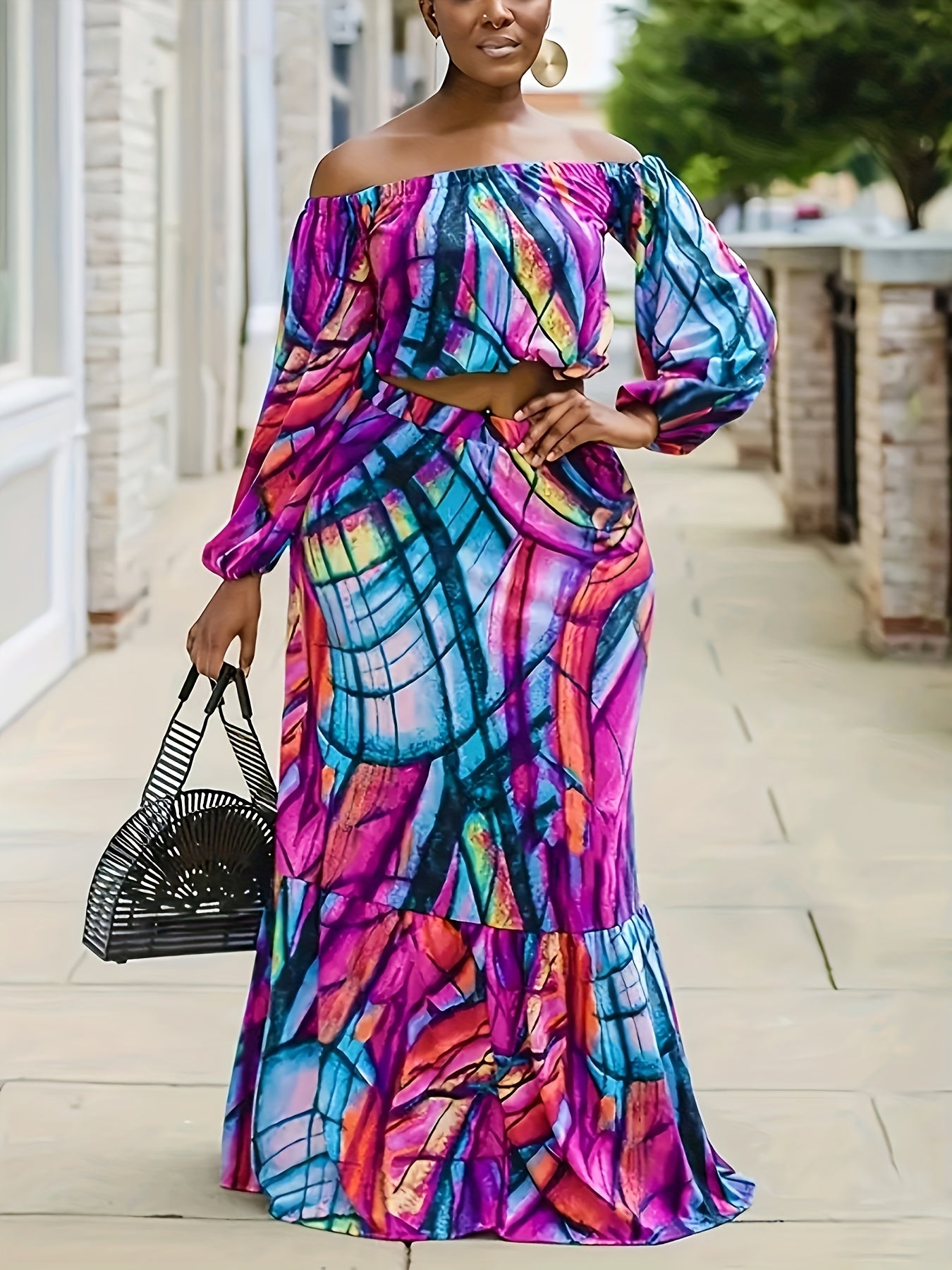  Women's Random Print Off Shoulder Top & Mermaid Skirt Set