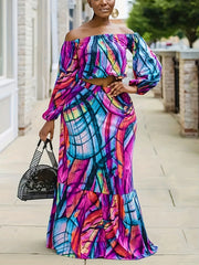  Women's Random Print Off Shoulder Top & Mermaid Skirt Set