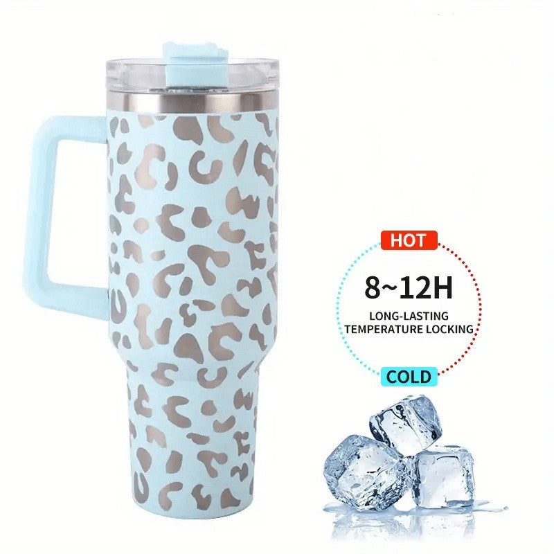Leopard Print 40oz Insulated Tumbler w/ Handle & Straw Lid Stainless Steel