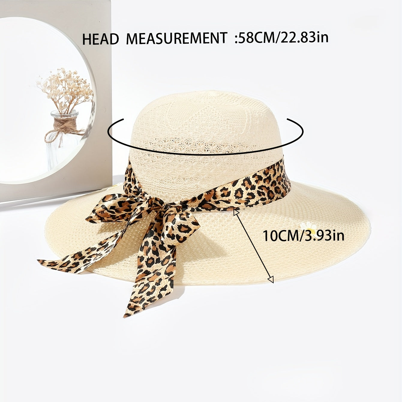 Daisy Embroidery Sun Hat Leopard Ribbon Bow