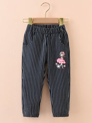 Girls Casual Striped Pants with Cartoon Print