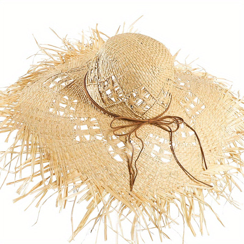 Women's Apricot Raffia Straw Hat Frayed Hand Woven Beach Sun Hat