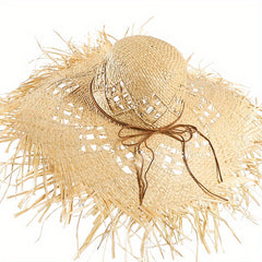 Women's Apricot Raffia Straw Hat Frayed Hand Woven Beach Sun Hat