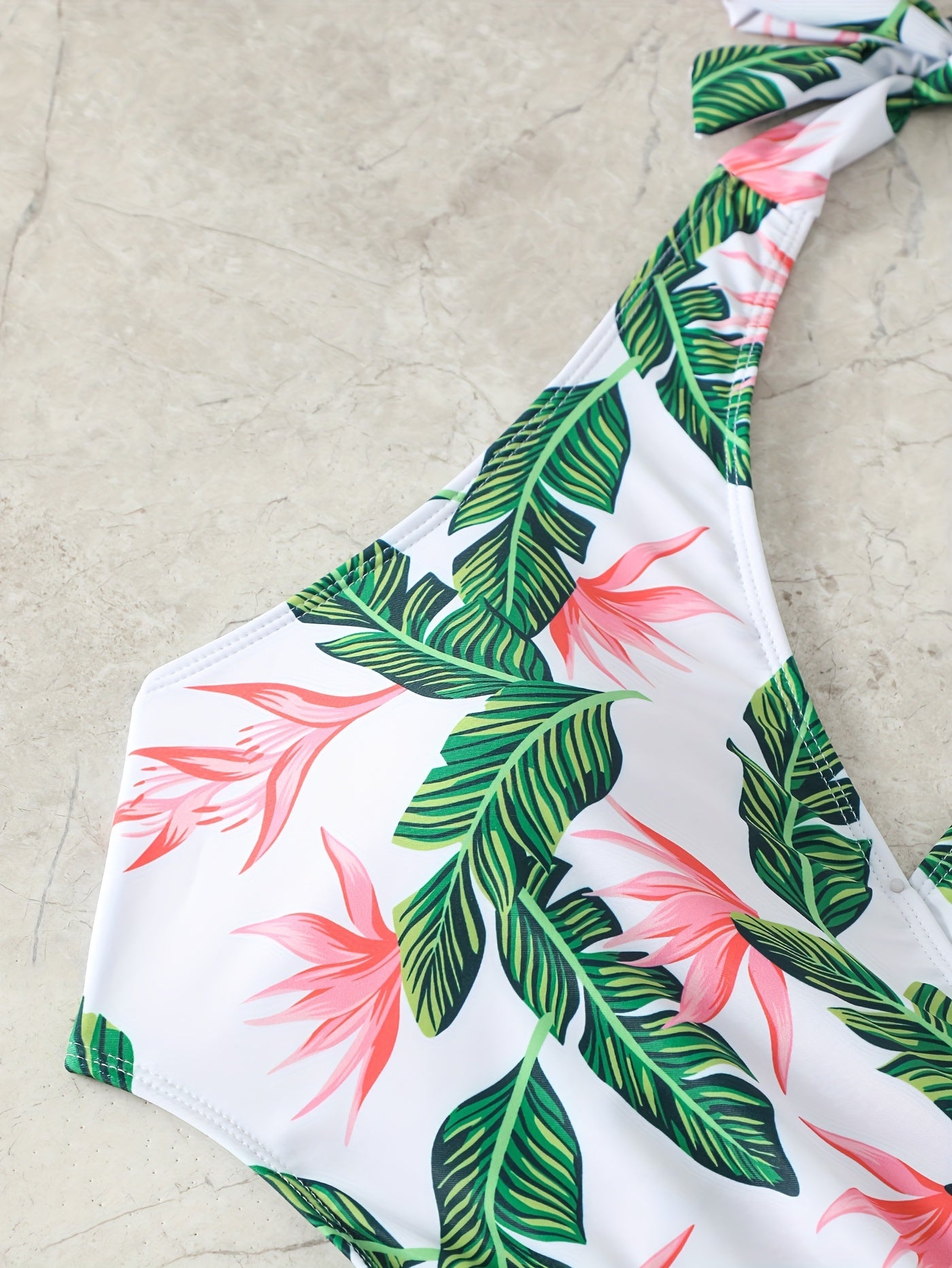  Tropical Print Cut Out V Neck Halter One Piece Swimsuit