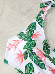  Tropical Print Cut Out V Neck Halter One Piece Swimsuit