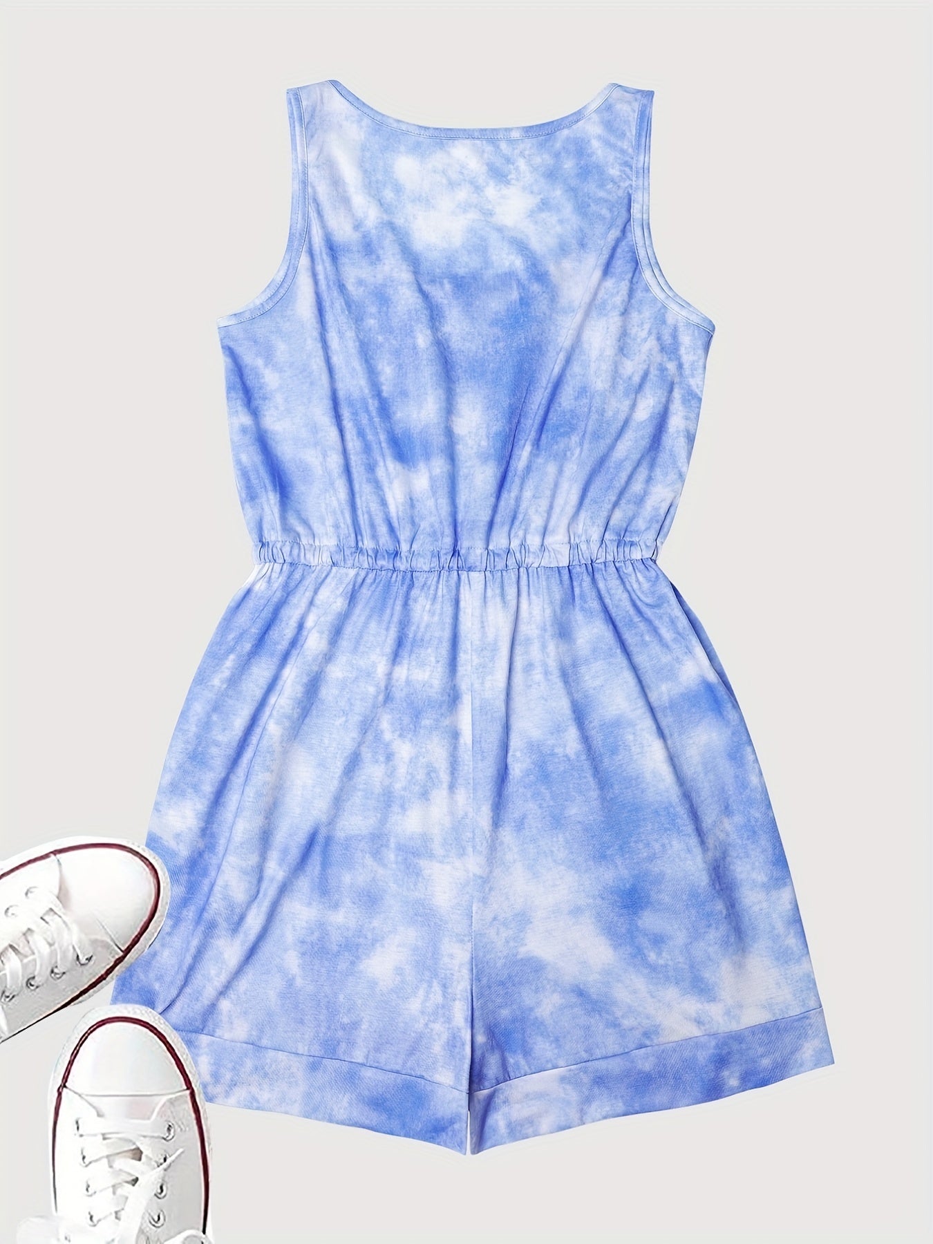 Tie Dye Drawstring Romper Sleeveless Crew Neck Casual Romper