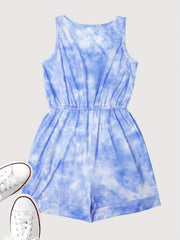 Tie Dye Drawstring Romper Sleeveless Crew Neck Casual Romper