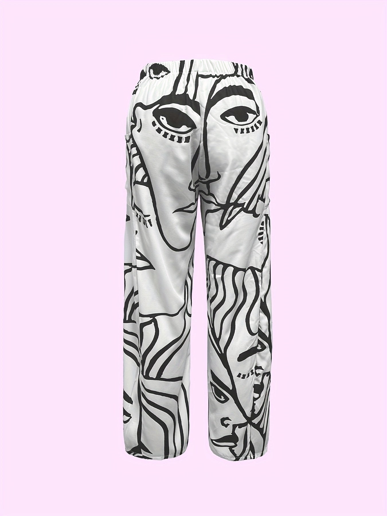  Casual Pants Women's Abstract Face Print Wide Leg Trousers