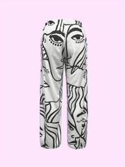  Casual Pants Women's Abstract Face Print Wide Leg Trousers