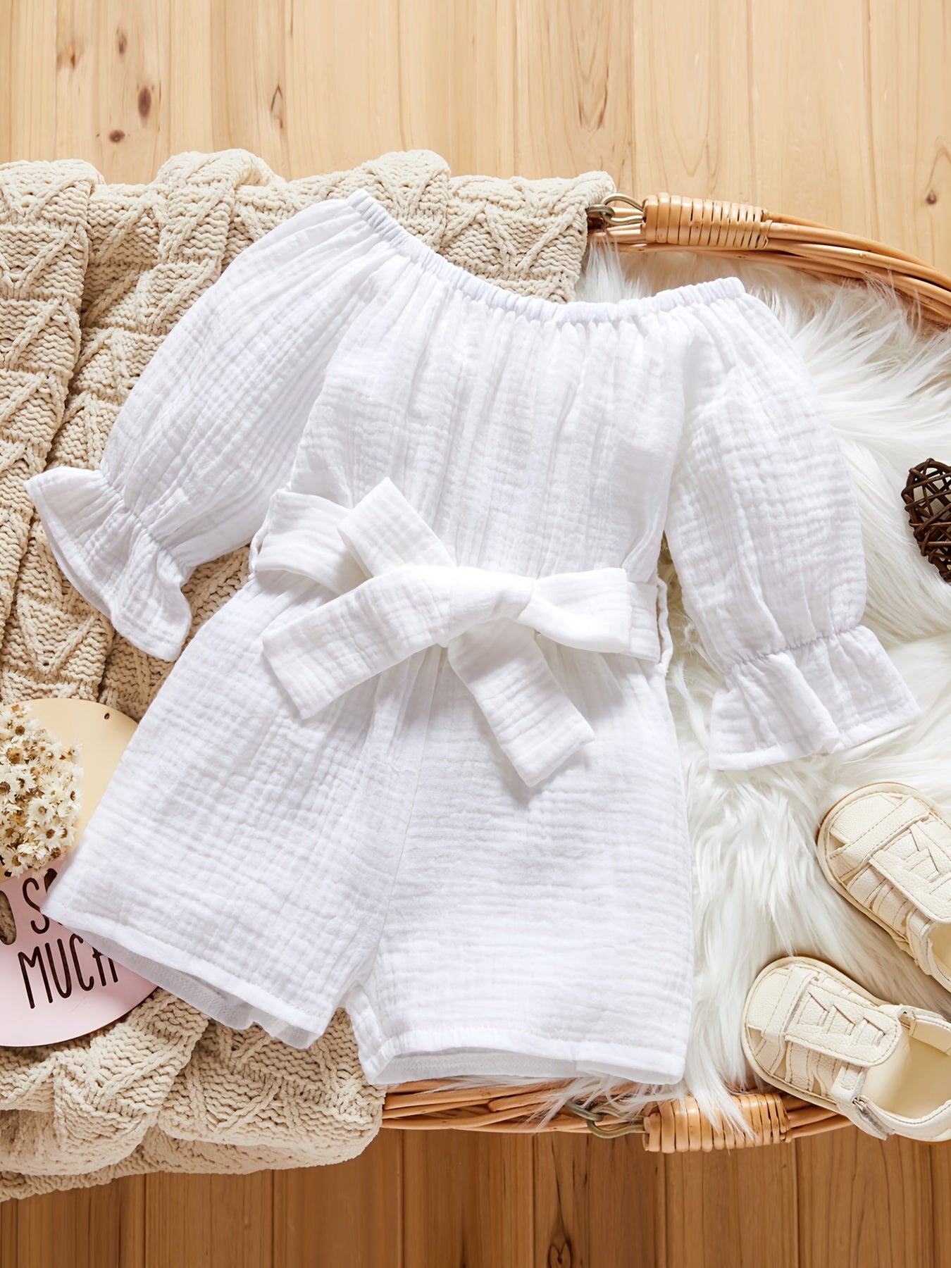 Toddler Off Shoulder Long Sleeve Romper with Wide Leg Pants