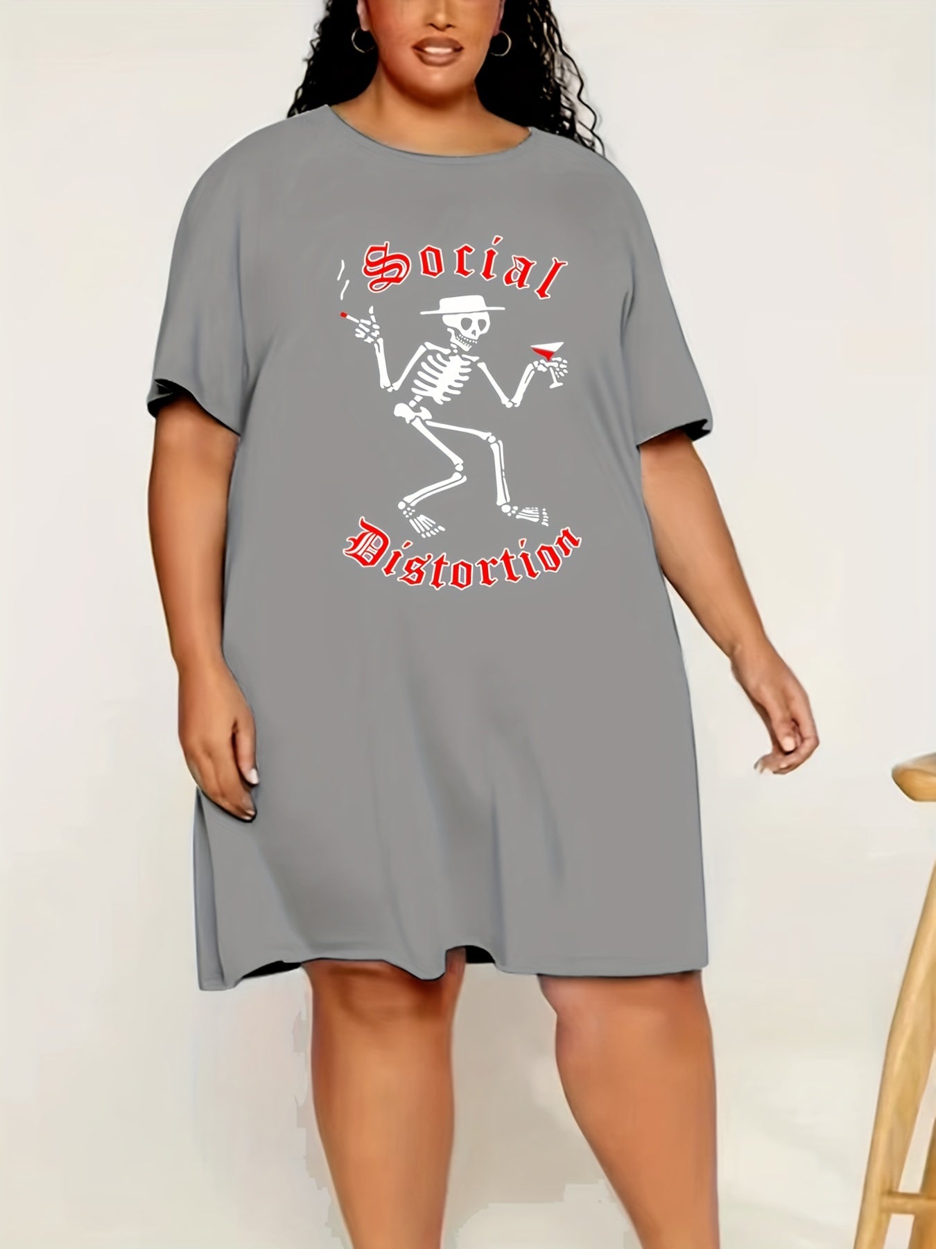  Halloween Skull Print Short Sleeve Tee Sleep Dress