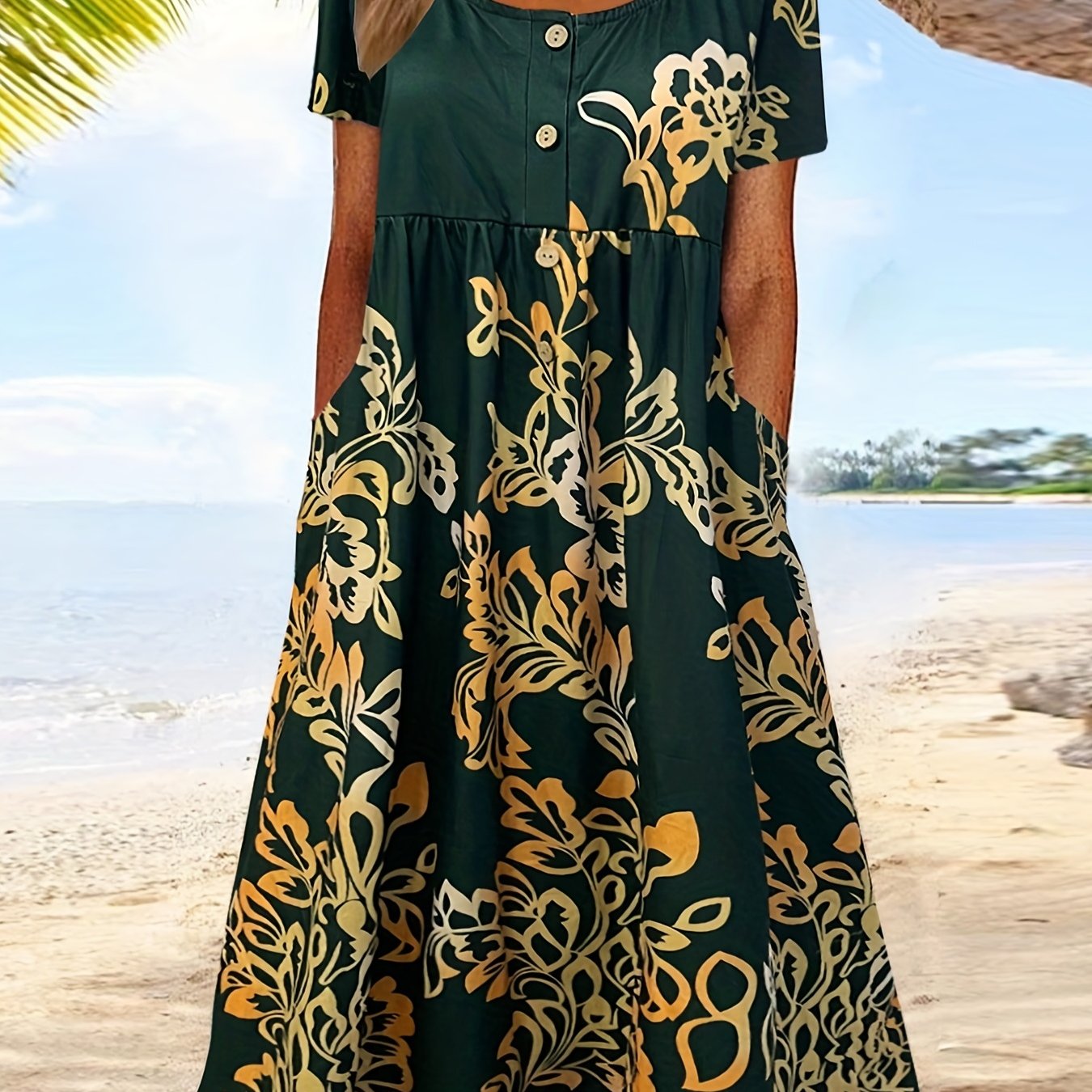  Women's Floral Print Round Neck Dress With Pockets
