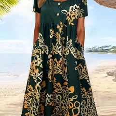  Women's Floral Print Round Neck Dress With Pockets