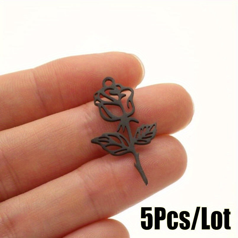 5PCS Stainless Steel Hollow Rose Flower Charms Pendants