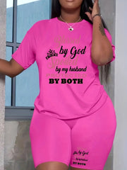  2 Piece Set Women's Plus Crown & Letter Print Tee & Shorts