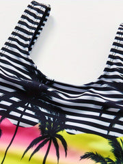 Girls Swimsuit One Piece Tankini Coconut Tree Landscape Print Quick Dry