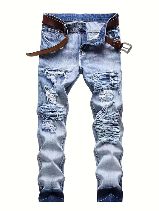 Slim Fit Ripped Jeans Men's Casual Street Style Distressed Denim Pants