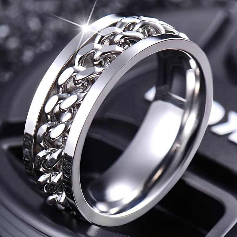 Men's Titanium Steel Chain Decor Rotatable Ring Couple Ring