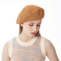 Vintage Lightweight Hollow Out Knitted Beret Solid Breathable Painter Hat