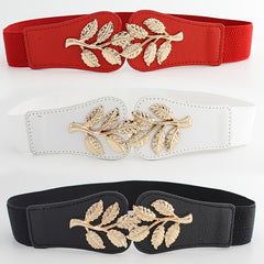 Metal Leaf Decoration Thin Elastic Waist Belt For Women
