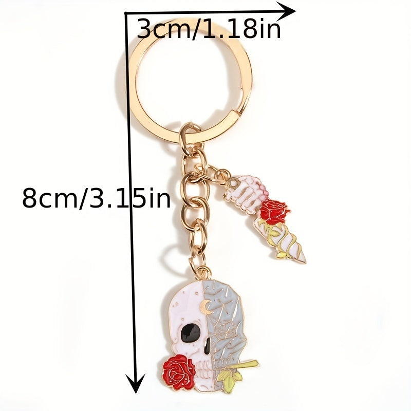 Y2K Rose Flower Skull Keychain Hiphop Punk Key Ring Purse Bag