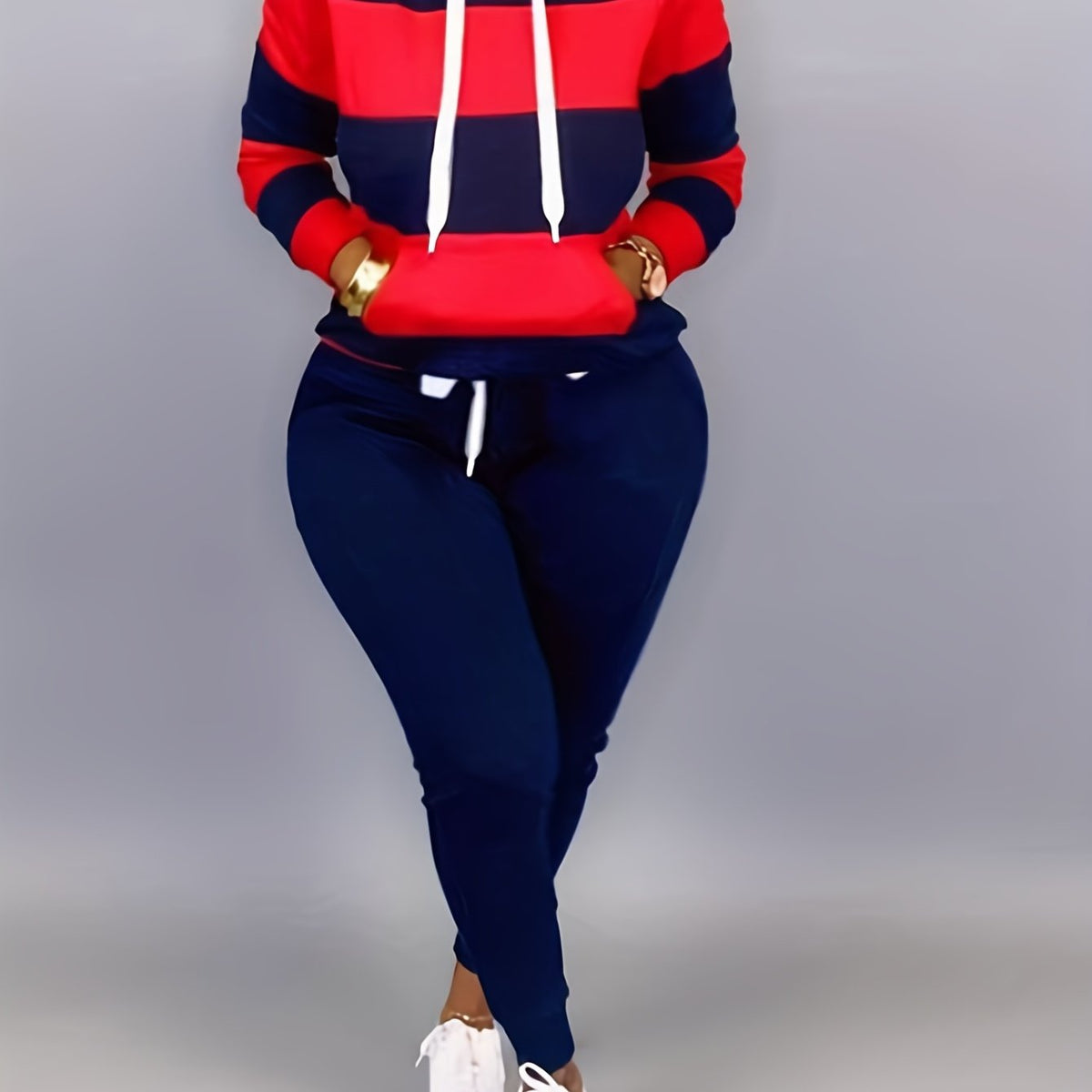 Women's Plus Colorblock Stripe Print Hoodie & Joggers Set