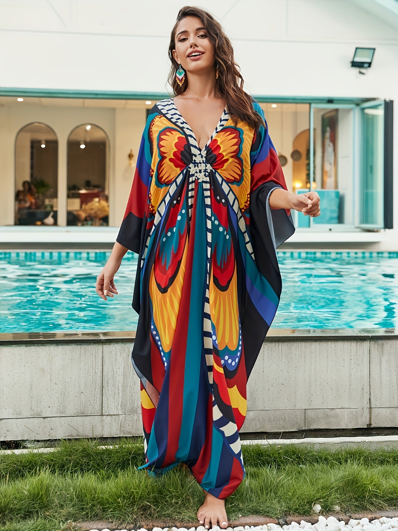  Boho Dress Women's Plus Allover Print Batwing Sleeve V Neck Side Split