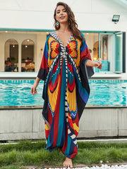  Boho Dress Women's Plus Allover Print Batwing Sleeve V Neck Side Split